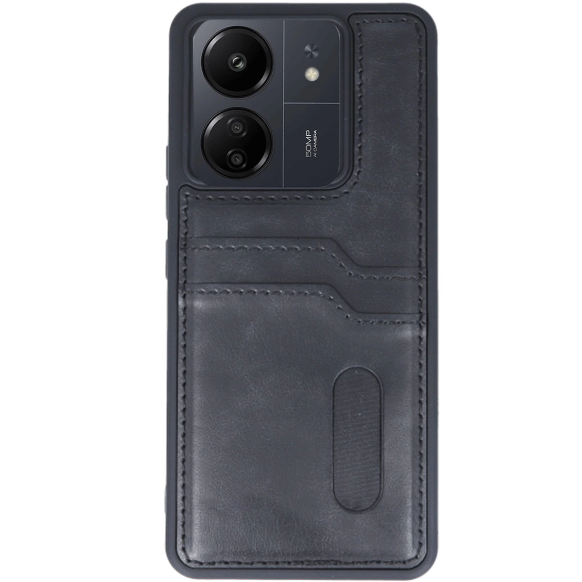 Arkasında kart yuvaları bulunan koyu gri telefon kılıfı, kamera modülünü gösteriyor.