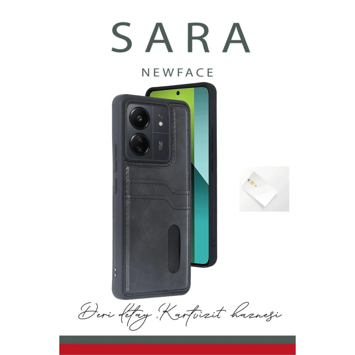 Kart yuvalı deri kılıflı siyah telefon, yanında SIM kart.