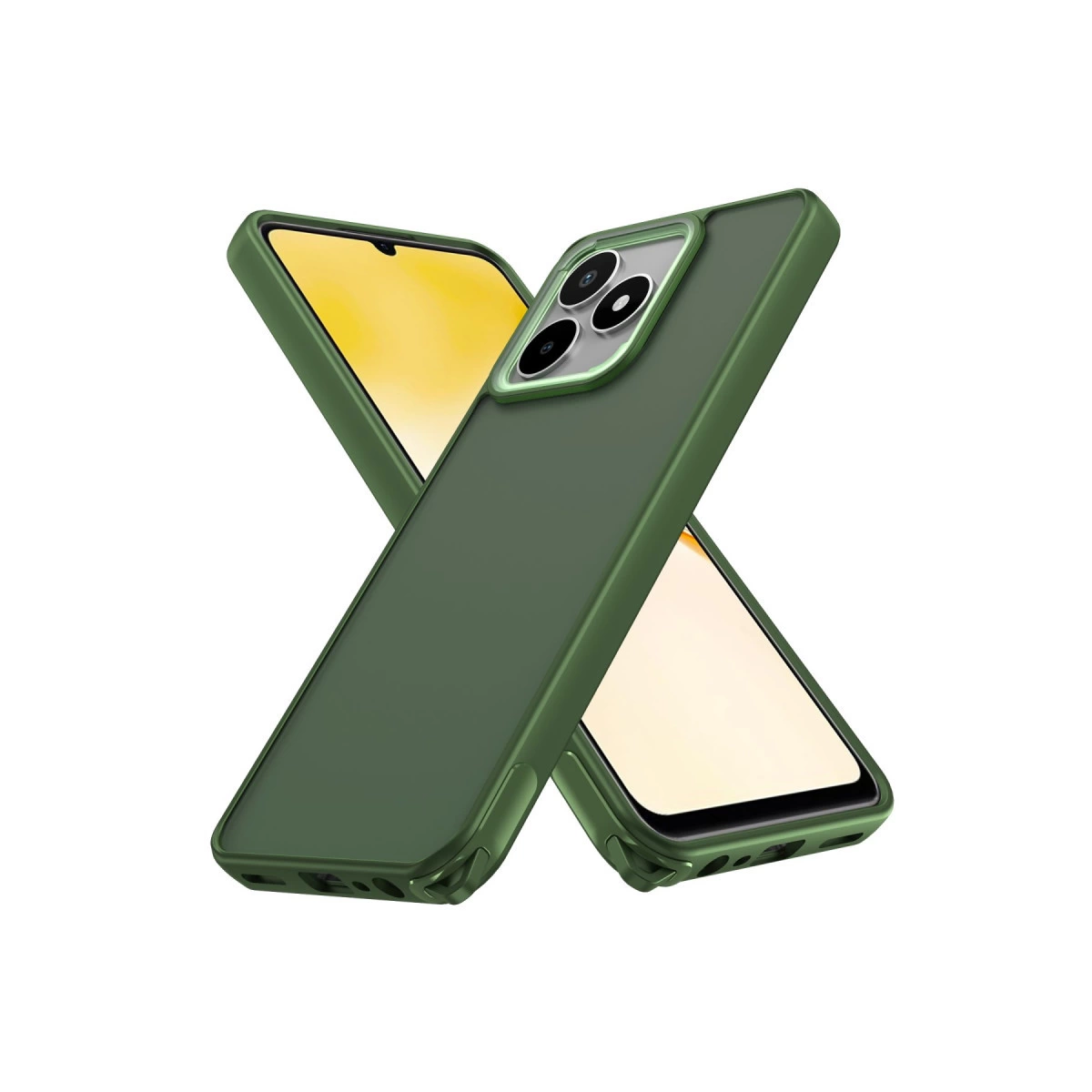 Beyaz arka plana karşı kamera oyuntulu iki yeşil telefon kılıfı.