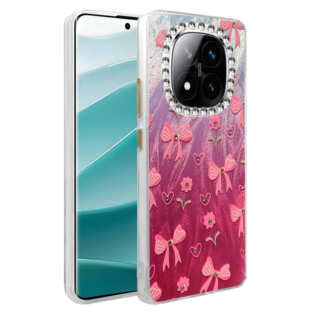 Fiyonklar ve kalplerle süslenmiş pembe simli kılıflı bir akıllı telefon.