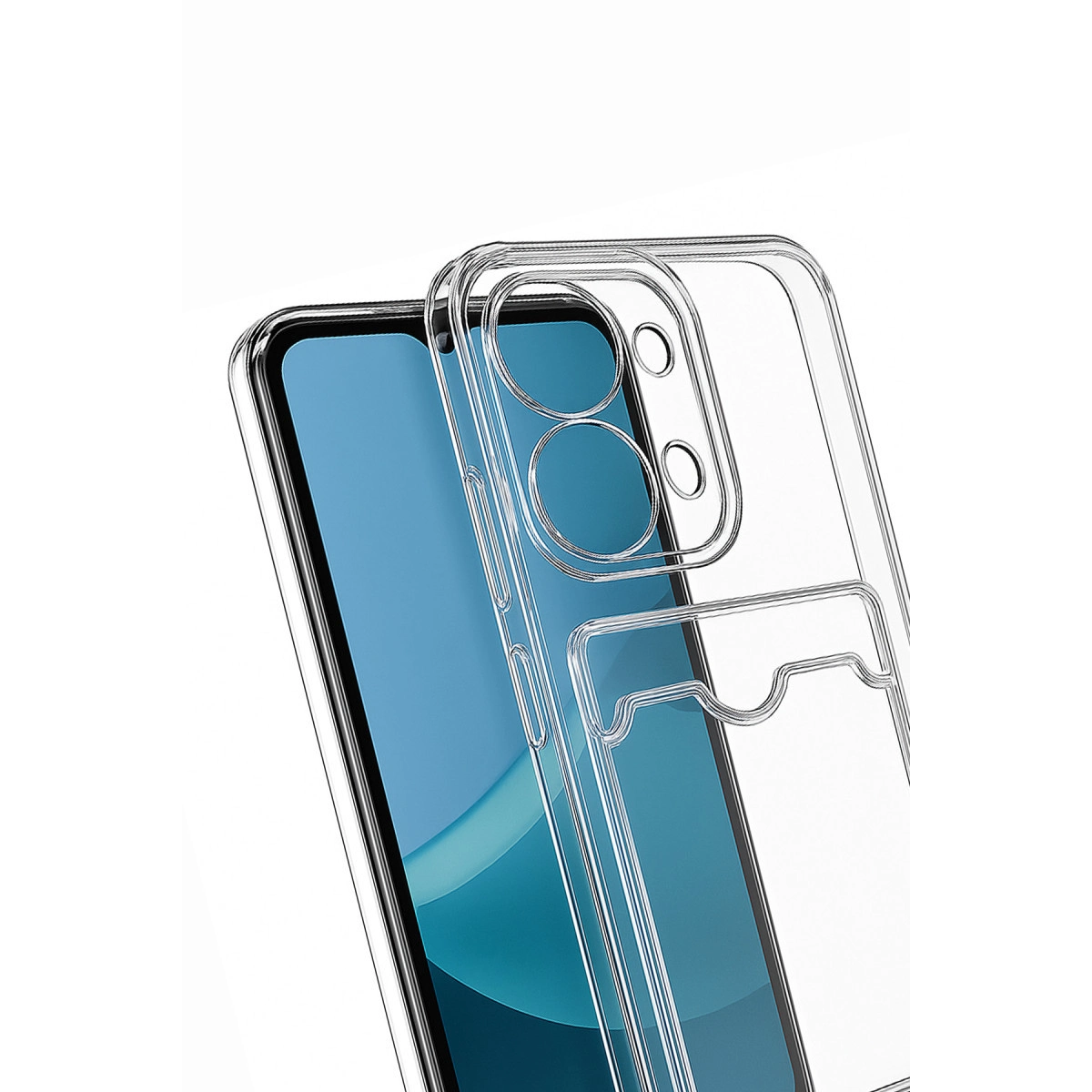 Kamera ve kart tutucu kesiklerine sahip şeffaf telefon kılıfı.