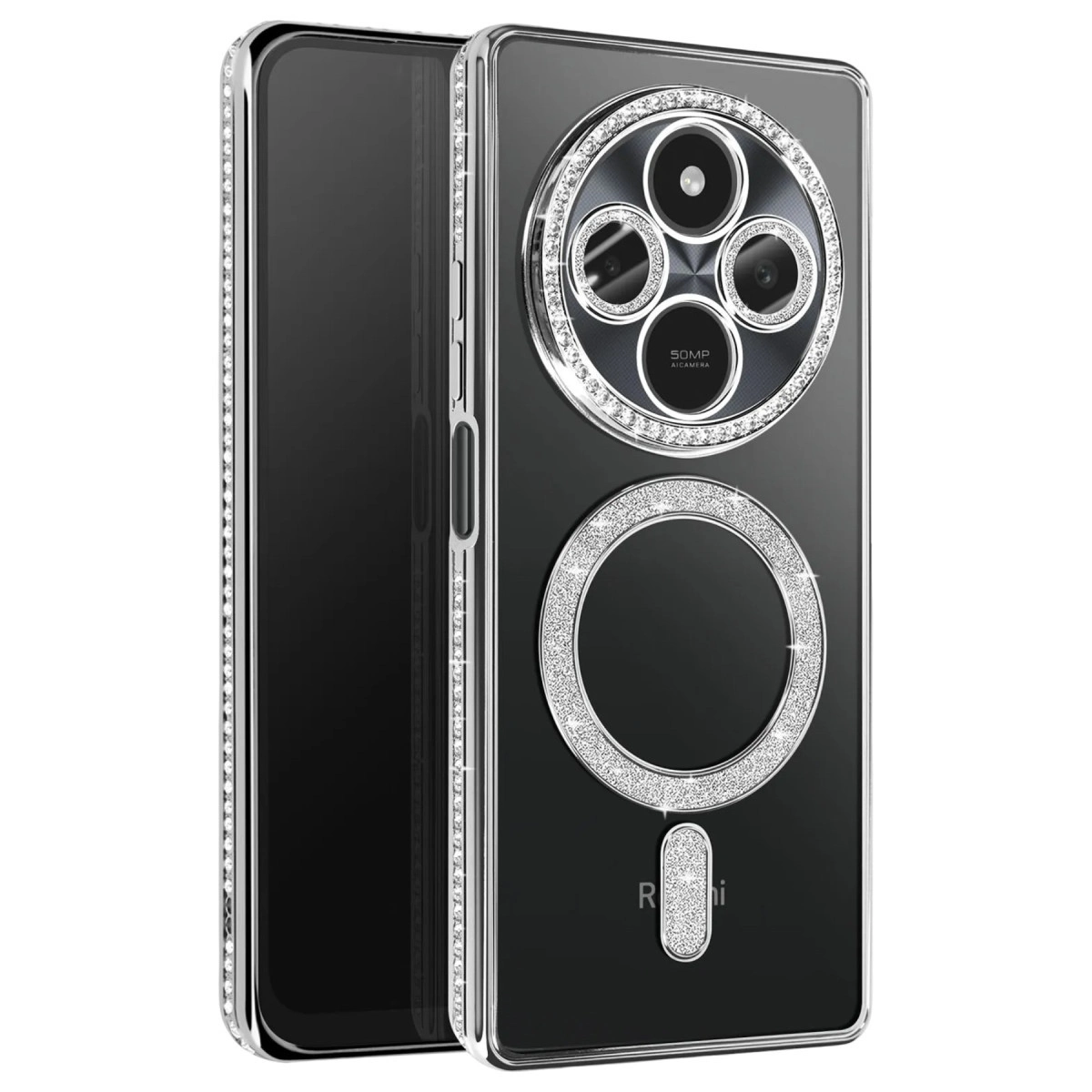 Kamera ve şarj portu etrafında parıltılı halka bulunan siyah bir telefon.