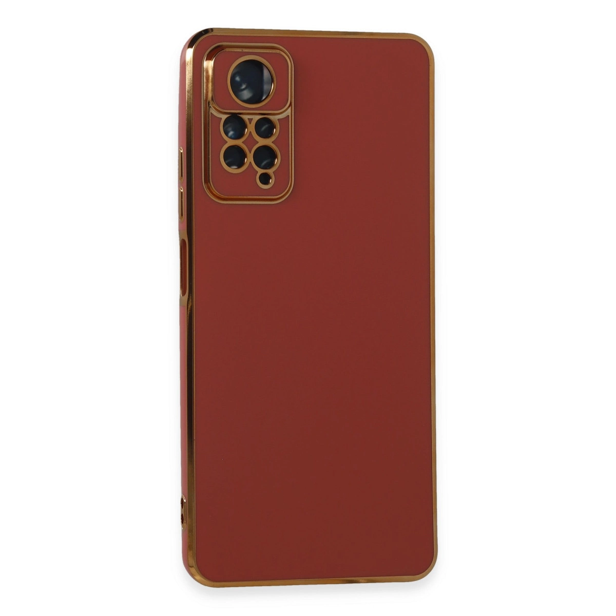 Altın çerçeveli, kırmızı telefon kılıfı, kamera lensli tasarım.