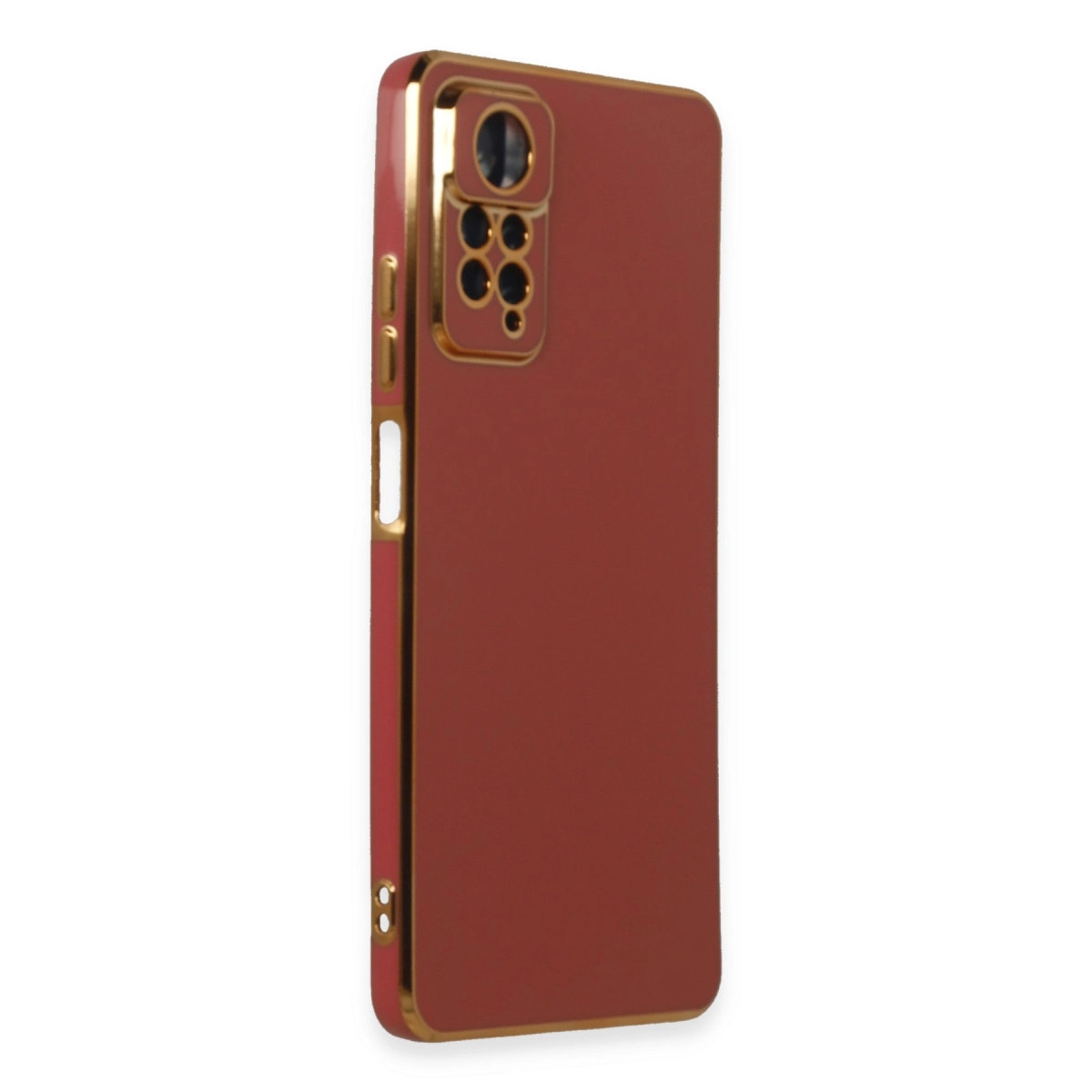 Altın çerçeveli ve kamera kesimli kırmızı telefon kılıfı.