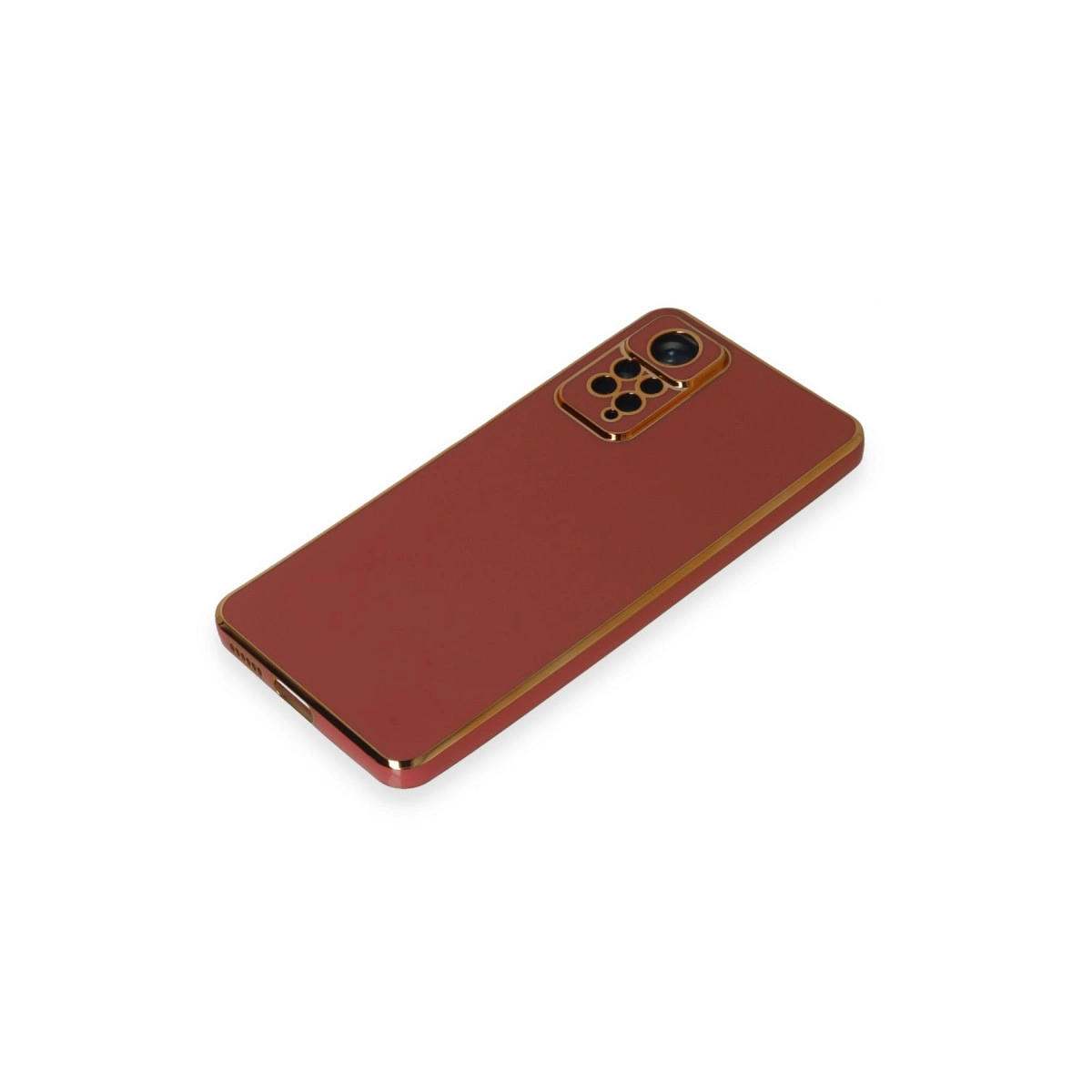 Altın çerçeveli, kamera lens tasarımlı kırmızı telefon kılıfı.