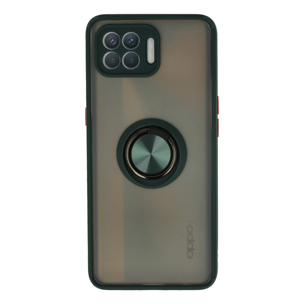 Halka tutuculu ve dört kamera lensli koyu yeşil telefon kılıfı.