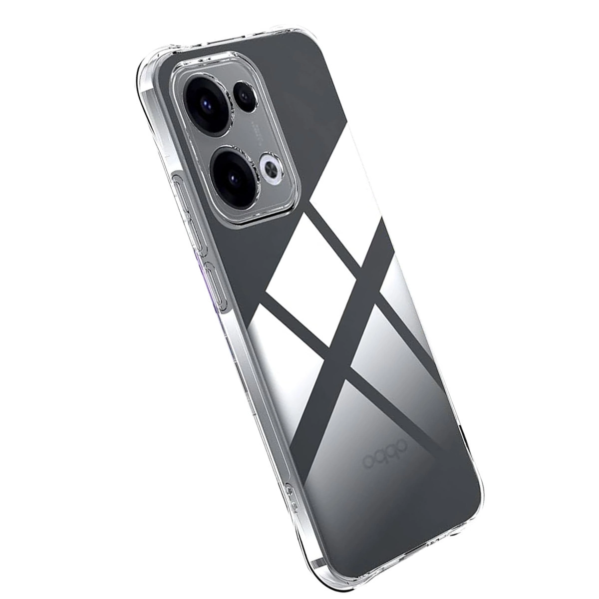 Gümüş vurgulu ve kamera dizilimli şeffaf telefon kılıfı.