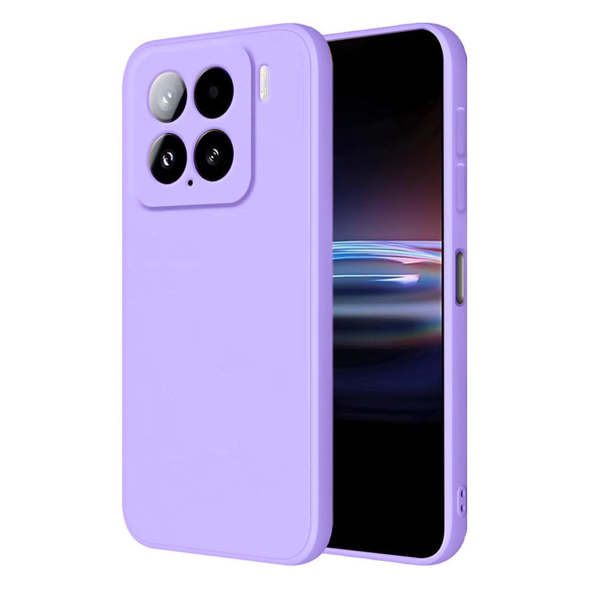 Arkada dörtlü kamera bulunan mor bir telefon.