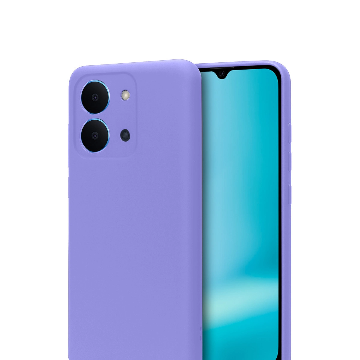 Mor bir telefon kılıfı, turkuaz ekranlı bir akıllı telefonun arkasını kaplar.