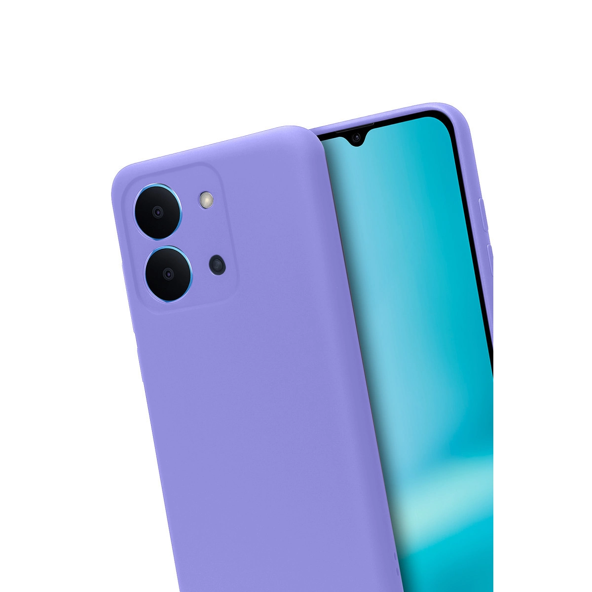 Çift kameralı ve flaşlı mor telefon kılıfı.