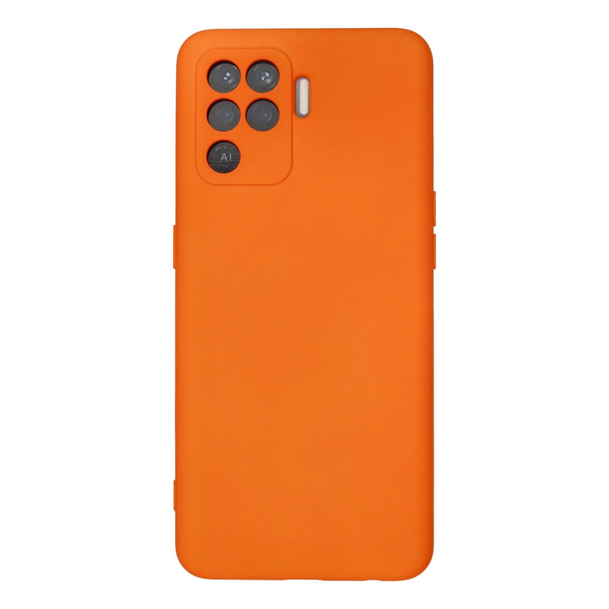 Dört kamera lensli ve yapay zeka yazılı turuncu telefon kılıfı.