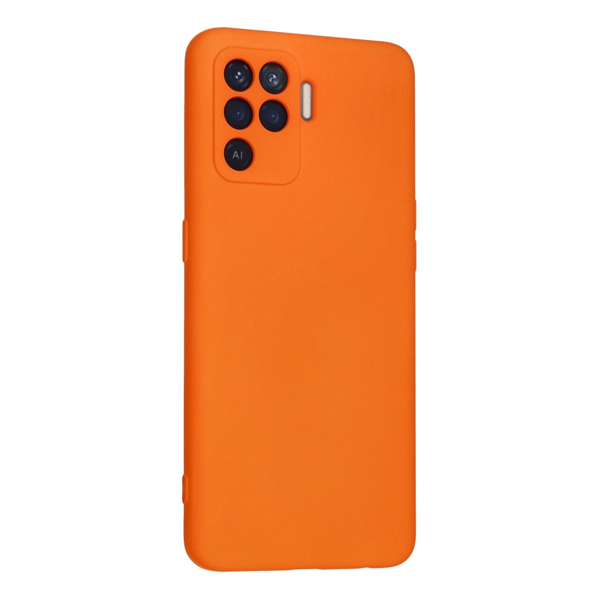 Dört kamera lensi ve tek LED flaşa sahip turuncu telefon kılıfının arkası.