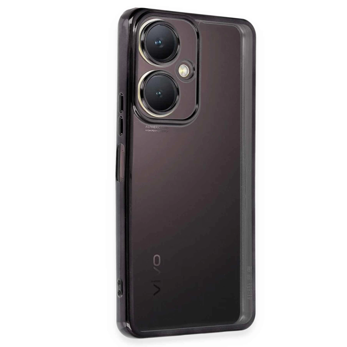 Beyaz arka plan üzerinde iki kamera ve VIVO logosu bulunan koyu gri akıllı telefon.