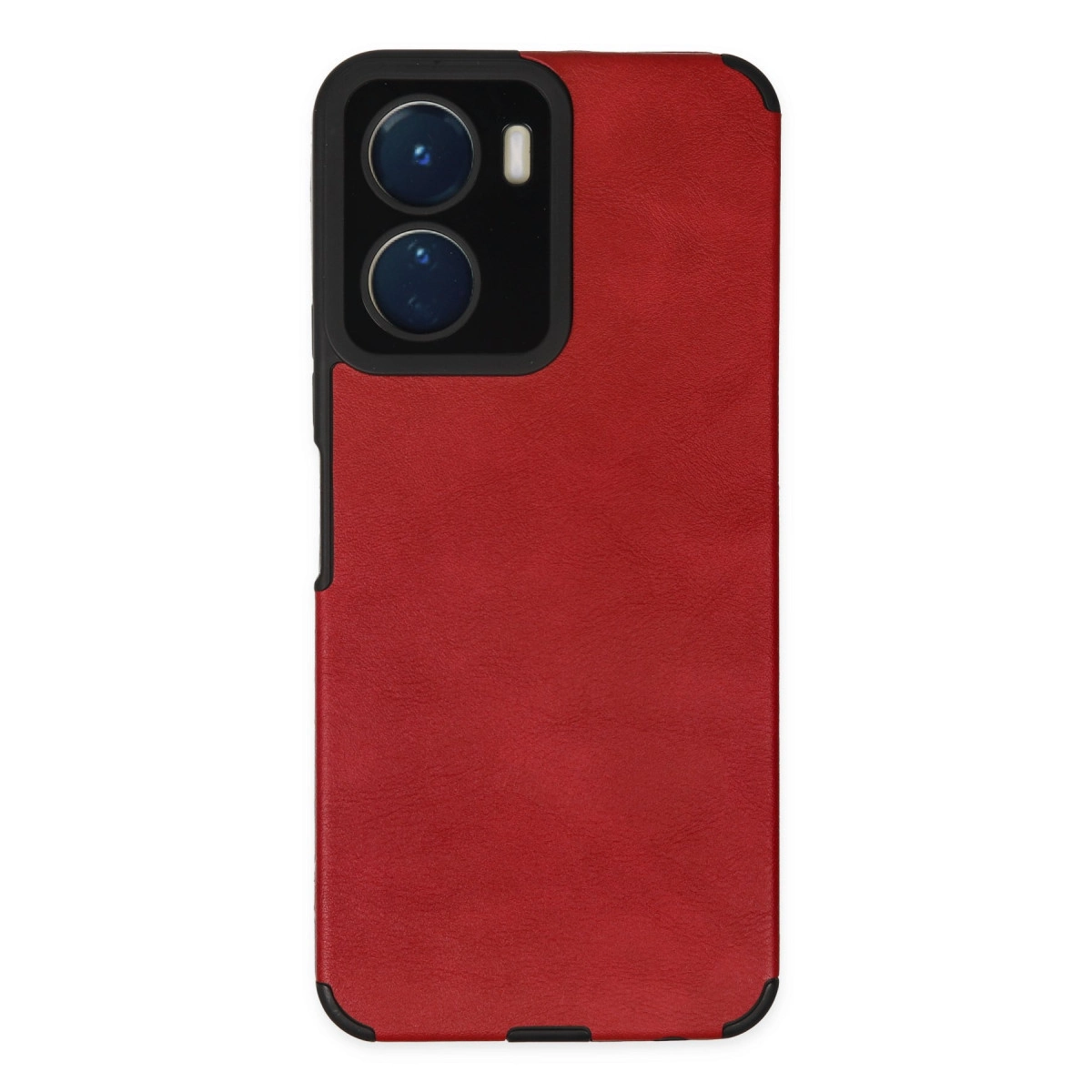 İki kamera lensli ve flaşlı kırmızı telefon kılıfı.