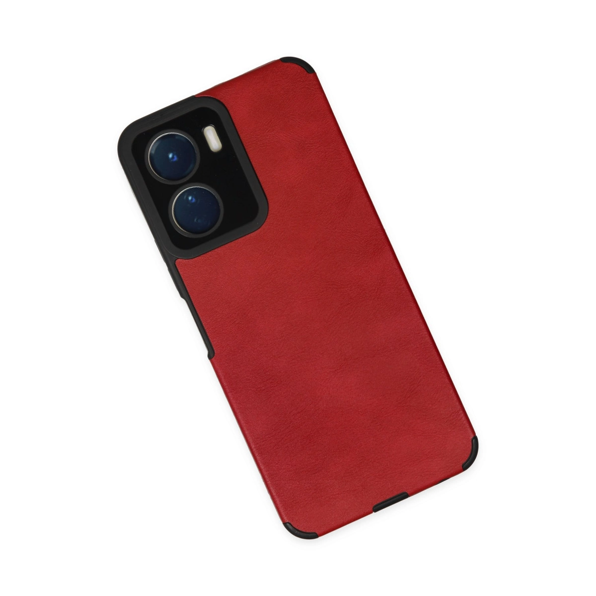 Arkada iki kamera lensi ve flaşı olan kırmızı telefon kılıfı.