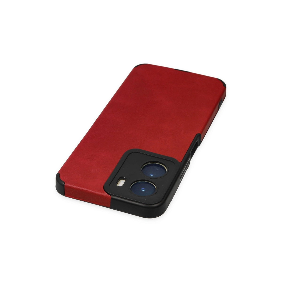 Siyah kamera çıkıntılı kırmızı telefon kılıfı, beyaz zeminde.