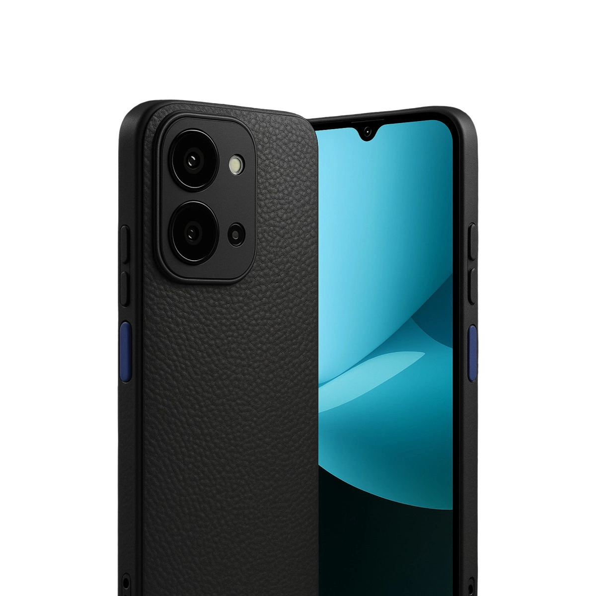 Dokulu arkaya ve iki kameraya sahip siyah telefon kılıfı. Yanında mavi ekranlı bir akıllı telefon.