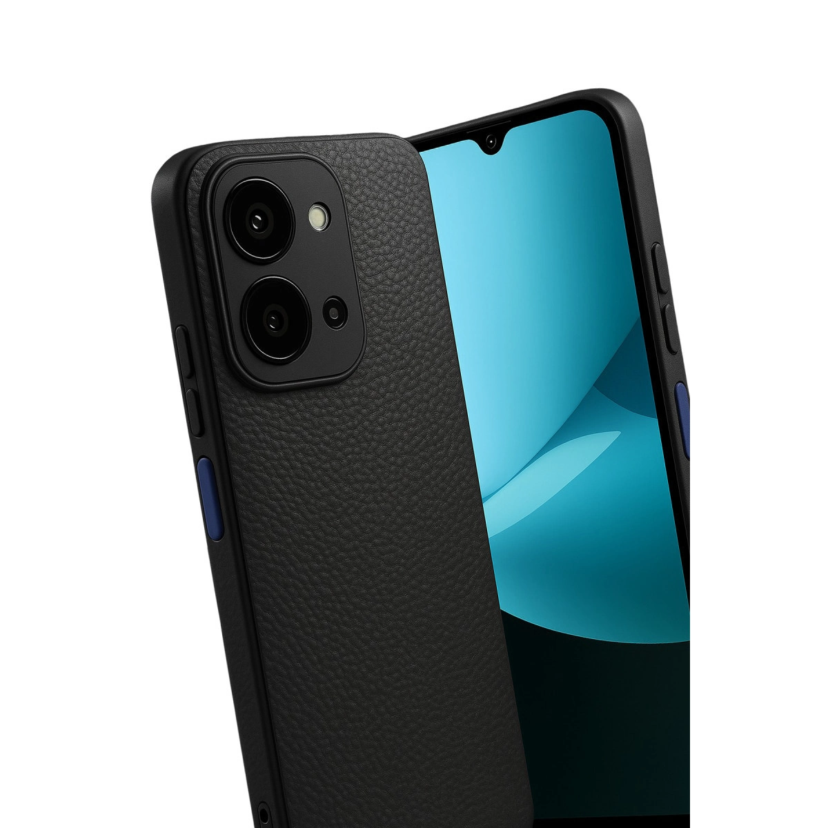 Deri dokulu kılıflı siyah telefon ve mavi düğme. Mavi ekran grafiği.