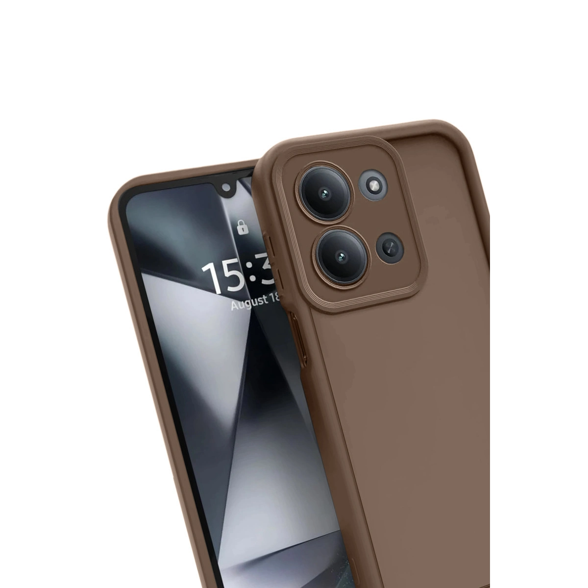 Üç kameralı kahverengi telefon kılıfı ve kilitli ekran.