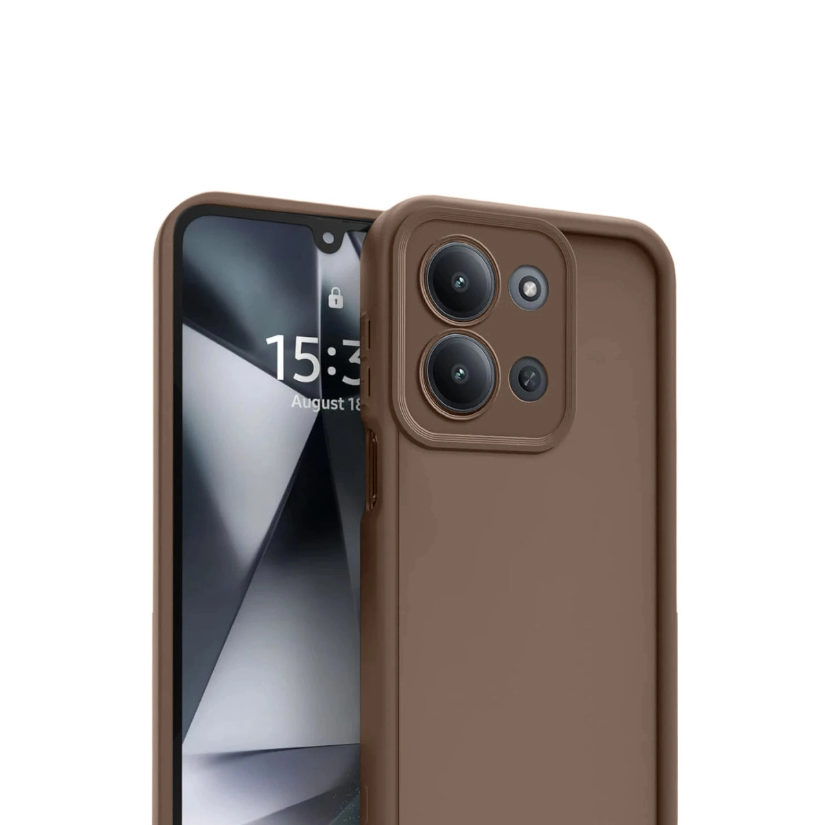 Arka kamera modüllü ve kilitli ekranlı kahverengi telefon.
