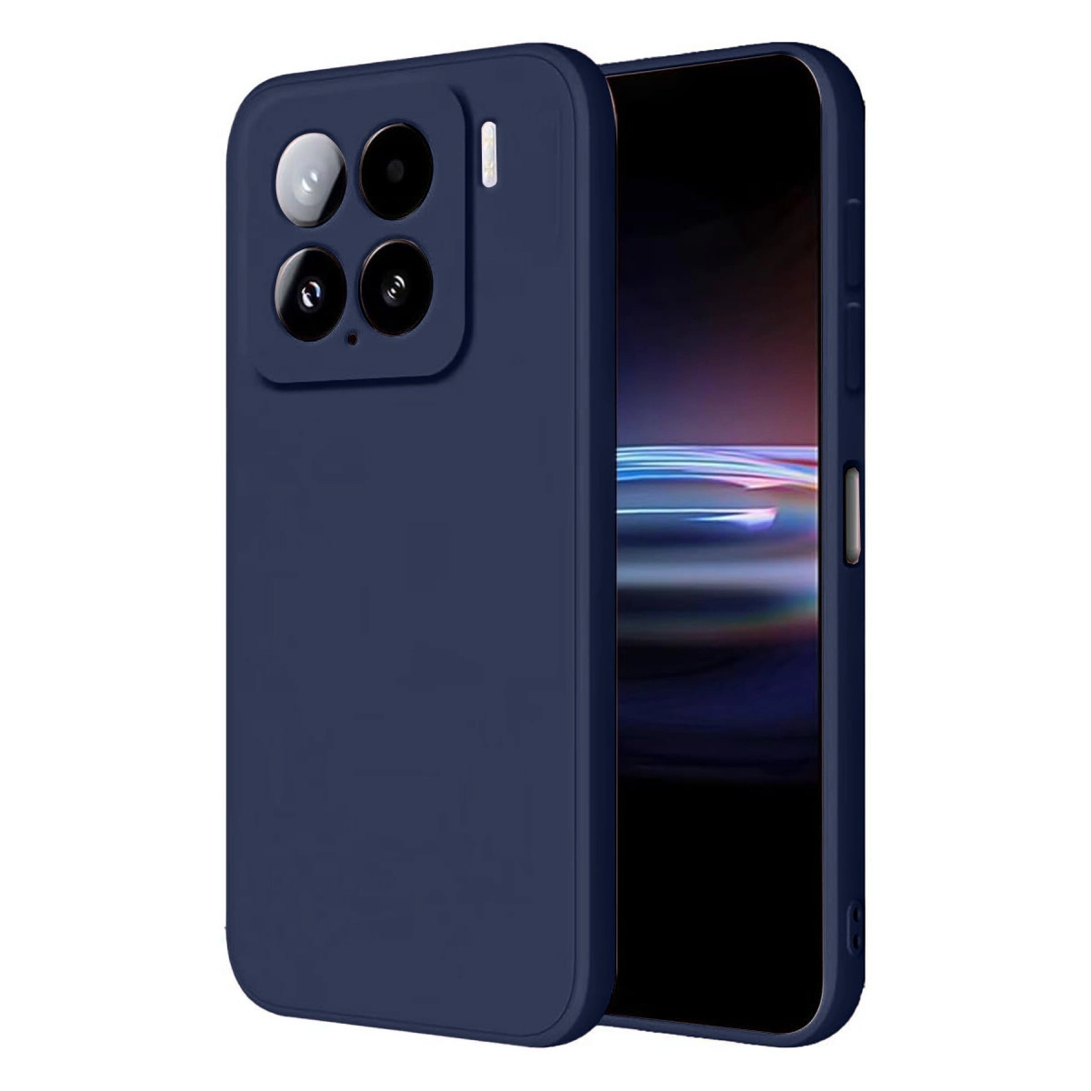 Dört kameralı lacivert telefon kılıfı, yanında bir akıllı telefon.