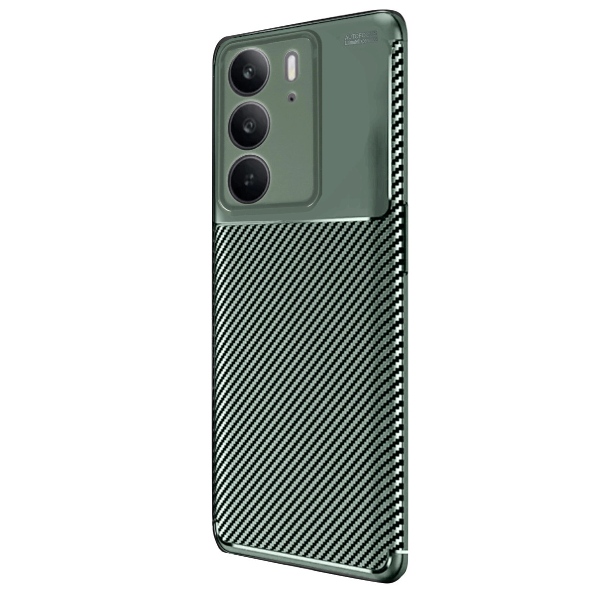 Karbon fiber dokulu yeşil telefon kılıfı ve üçlü kamera.