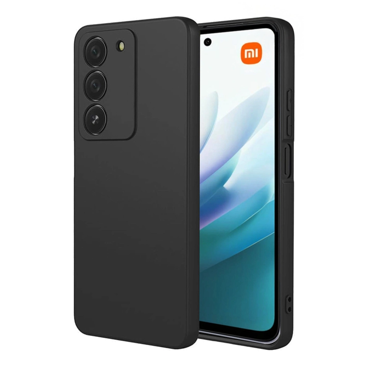 Arkada üçlü kamerası ve ekranda Xiaomi logosu bulunan siyah akıllı telefon.