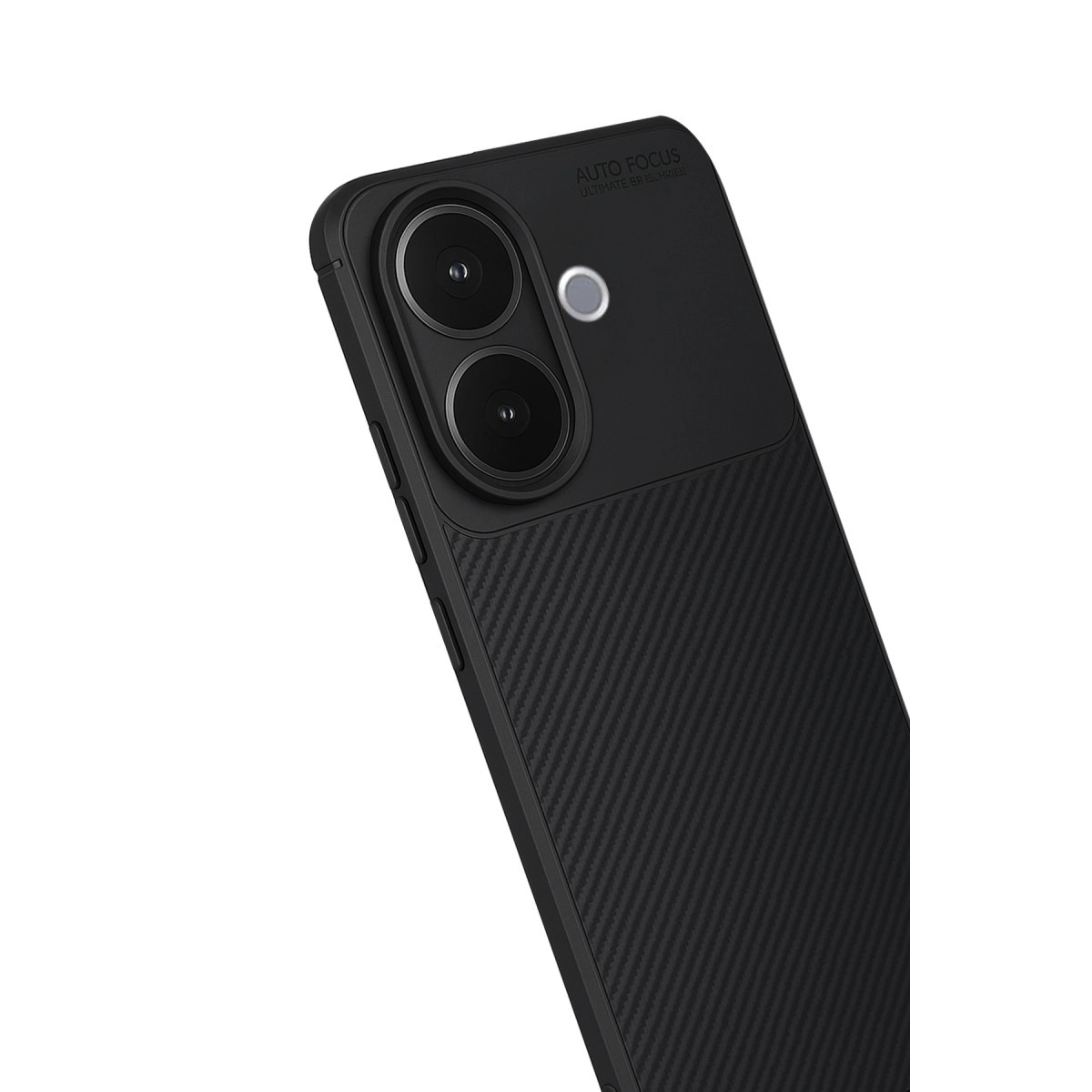 Karbon fiber dokulu arka yüzlü, çift kameralı siyah akıllı telefon, beyaz arka plan üzerinde.