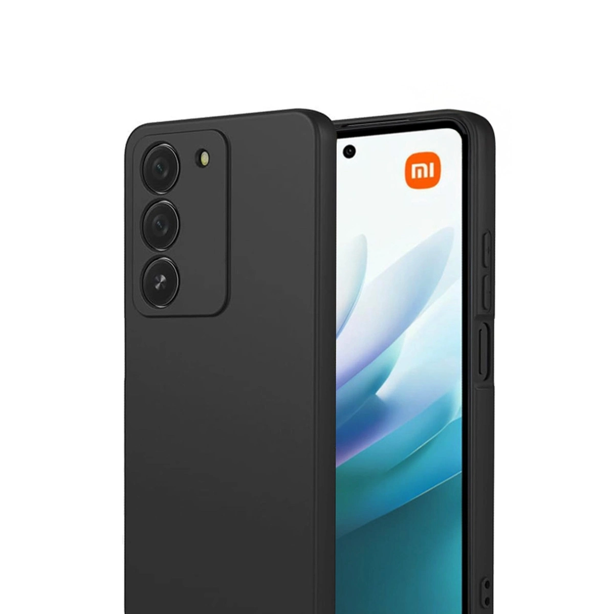 Üç kameralı siyah akıllı telefon ve ekranda Xiaomi logosu.