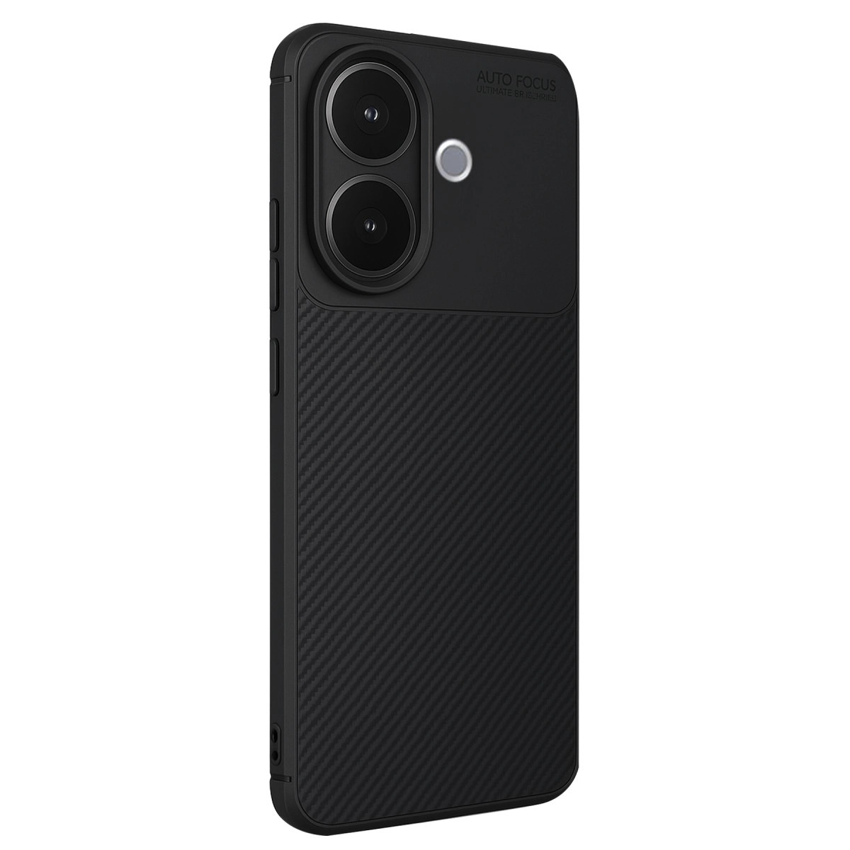 İki kamera lensli ve karbon fiber arka kapaklı siyah akıllı telefon.