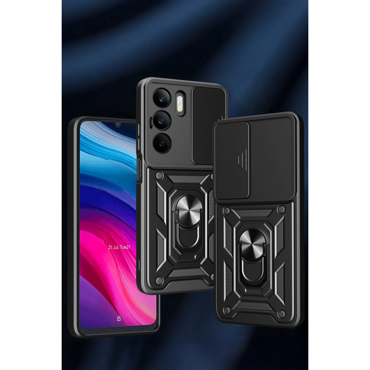 Halka tutuculu ve kaydırılabilir kamera kapaklı iki siyah telefon kılıfı.