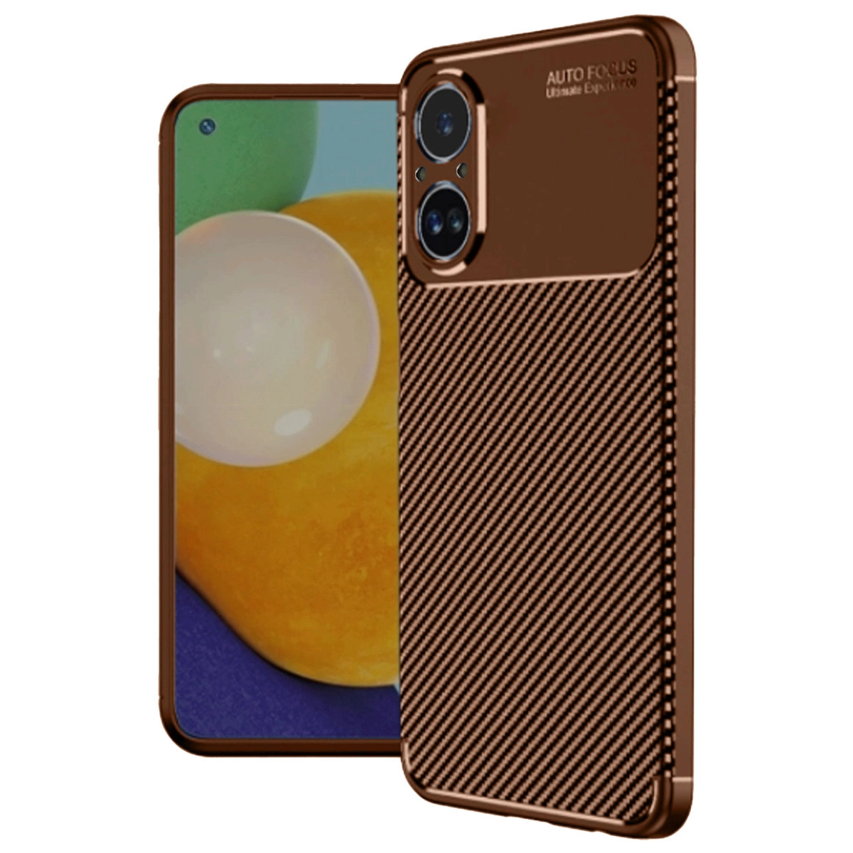 Karbon fiber dokulu kahverengi telefon kılıfı ve lensler.