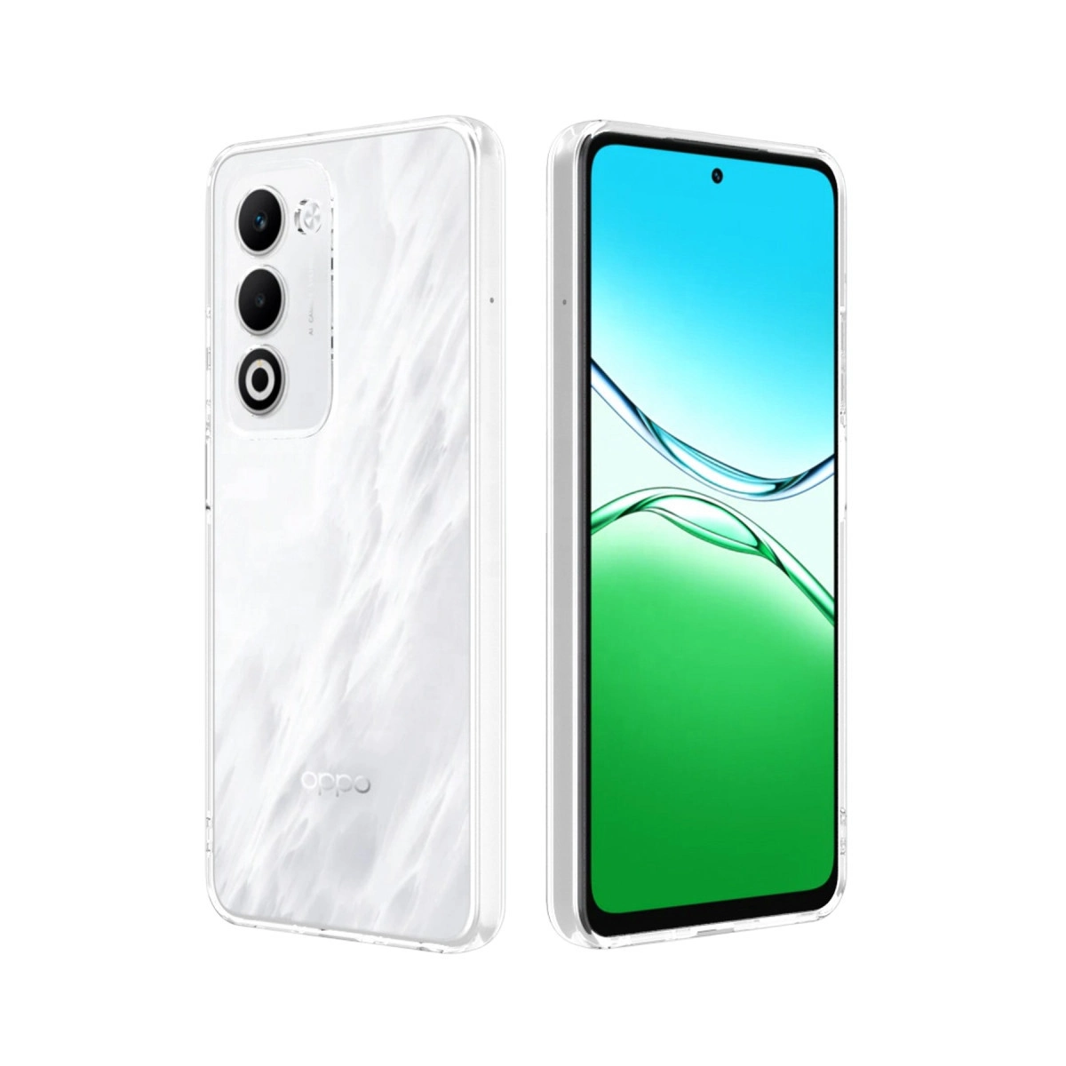 Arkası mermer desenli beyaz bir akıllı telefon ve ekran.