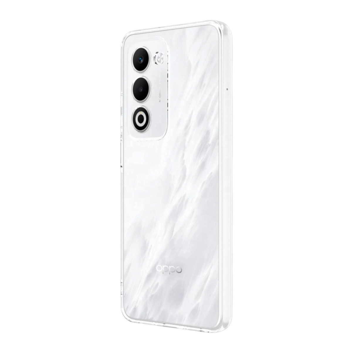 Arkada mermer desenli ve üç kamera lensli beyaz bir akıllı telefon.