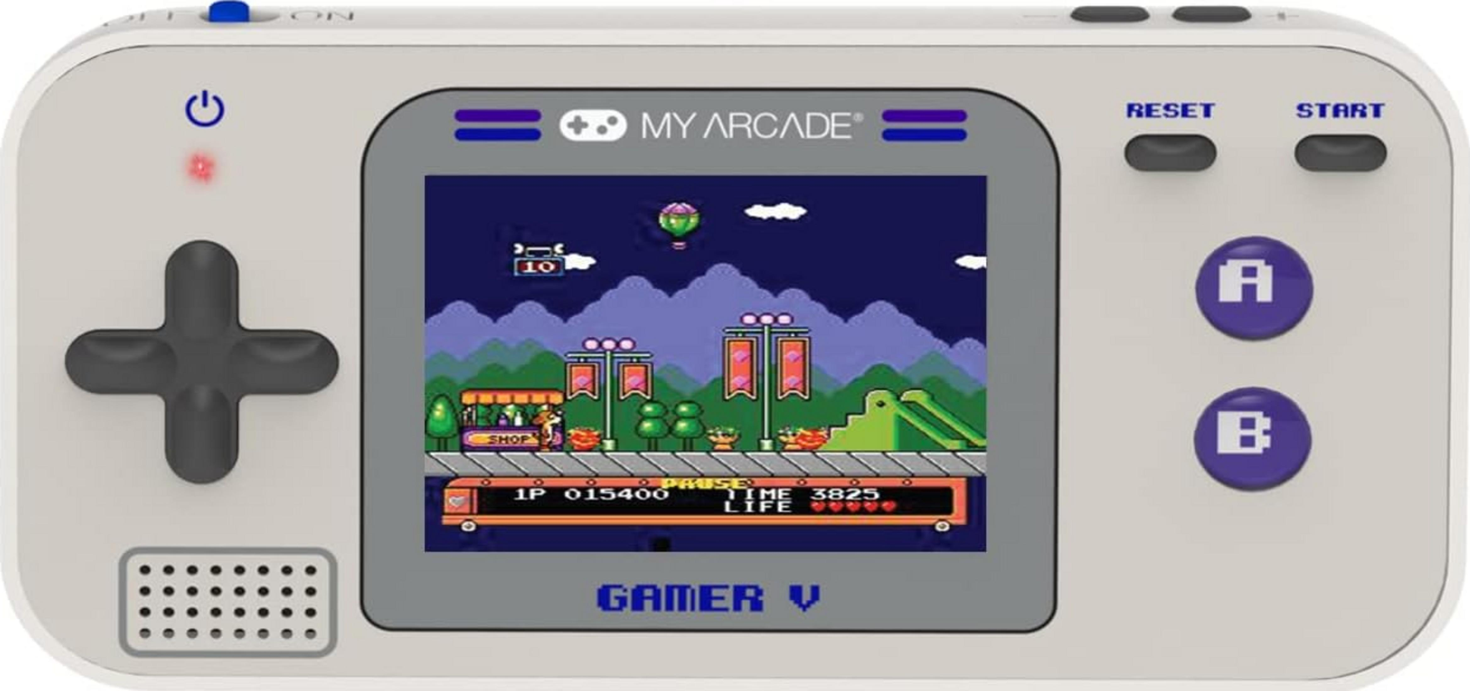 Un dispositivo de juego portátil gris claro con D-pad, botones A/B y pantalla de juego.
