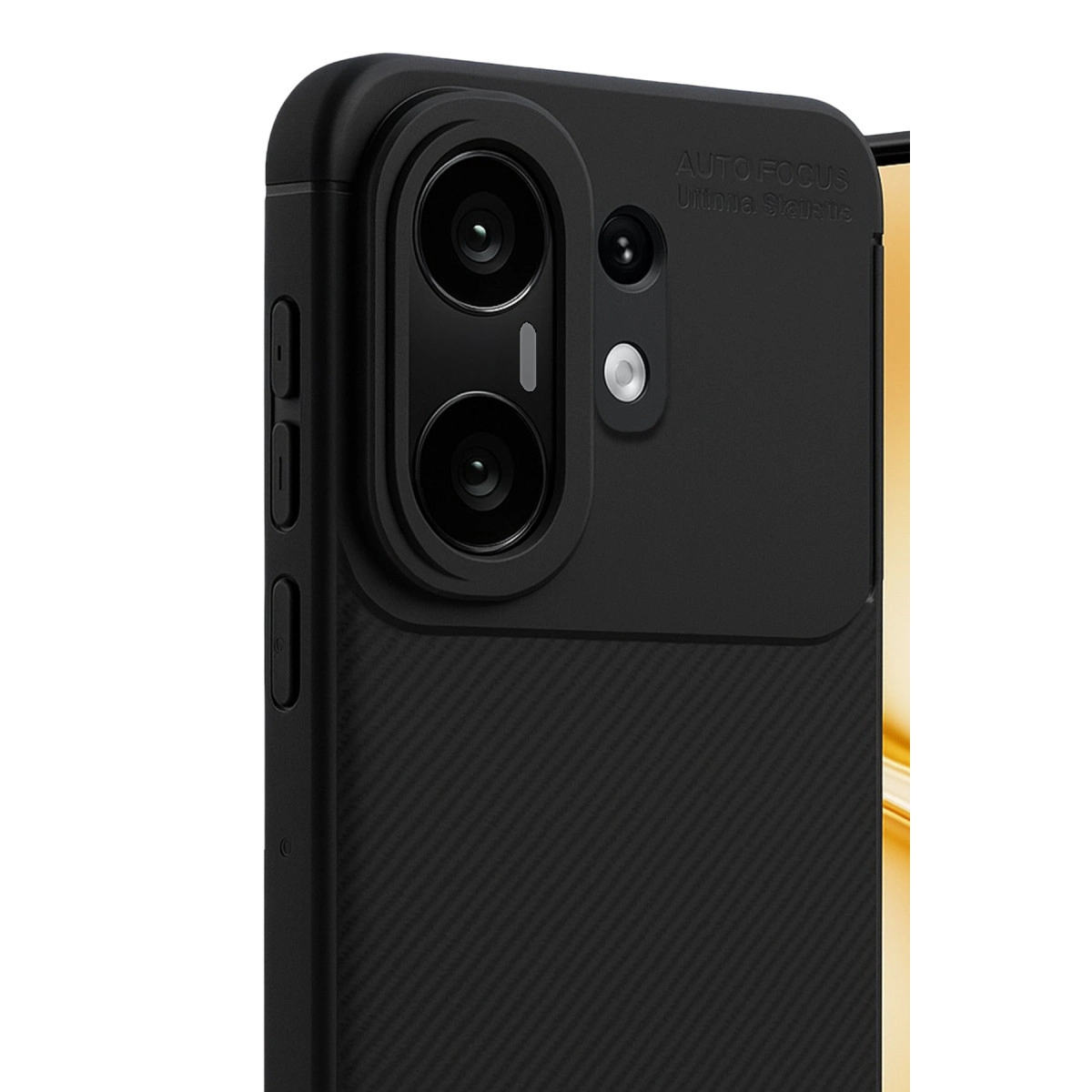 Çift kameralı siyah telefon ve "AUTO FOCUS" yazısı.