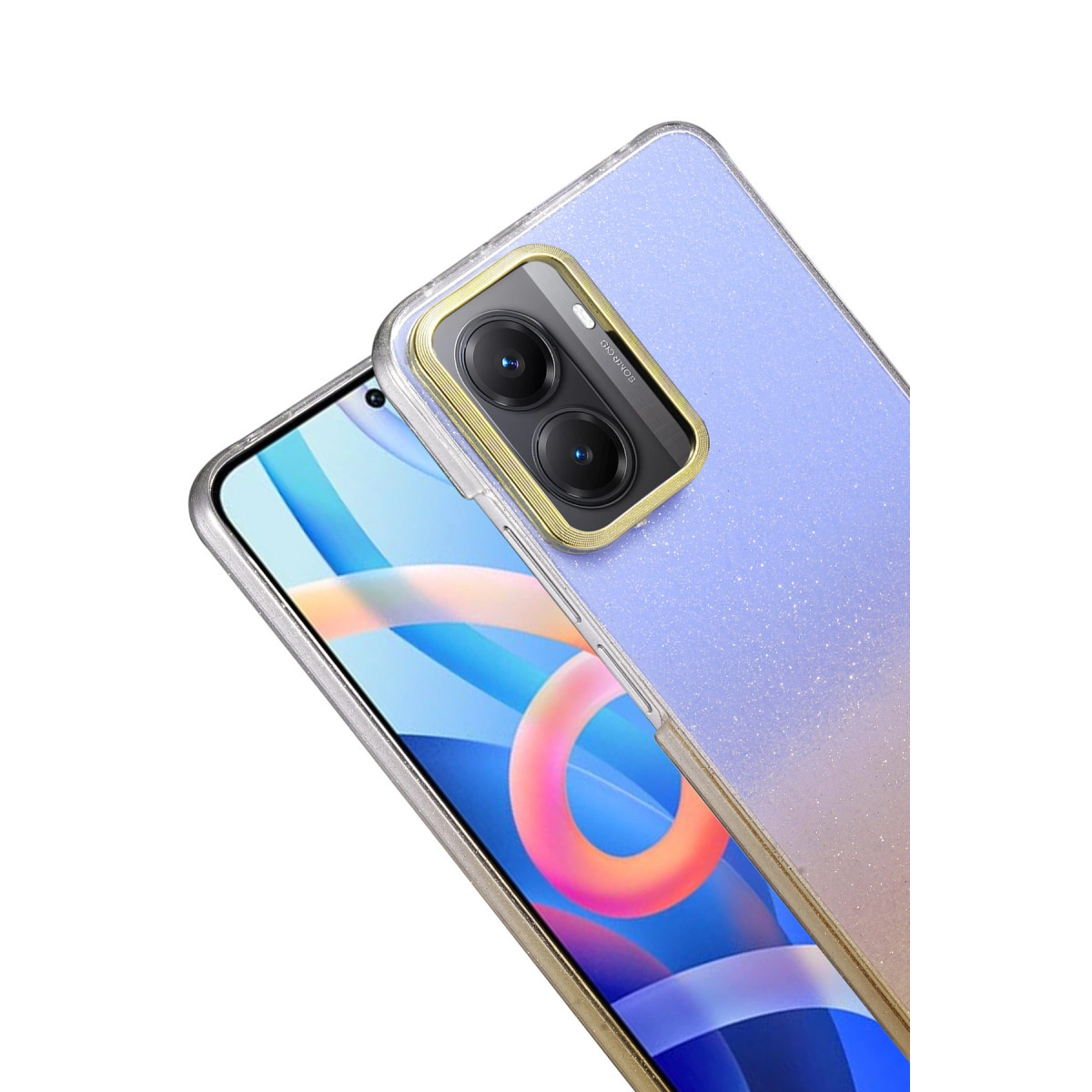 Altın çerçeveli kamera modülüne sahip simli arka kapaklı akıllı telefon.