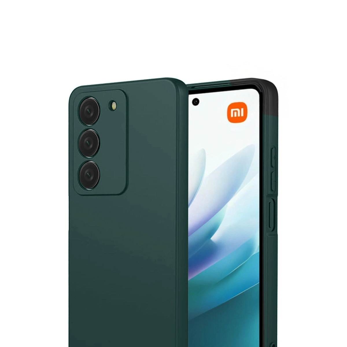 Üç kameralı koyu yeşil telefon ve ekranda Mi logosu.