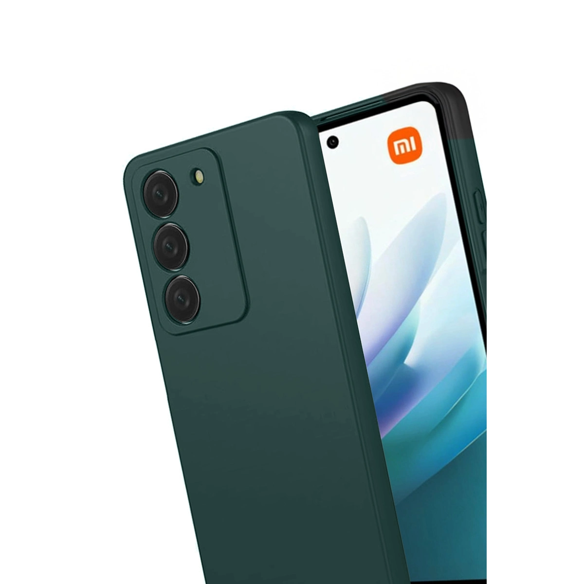 Üç kameralı koyu yeşil telefon, ekranda Xiaomi logosu görünüyor.