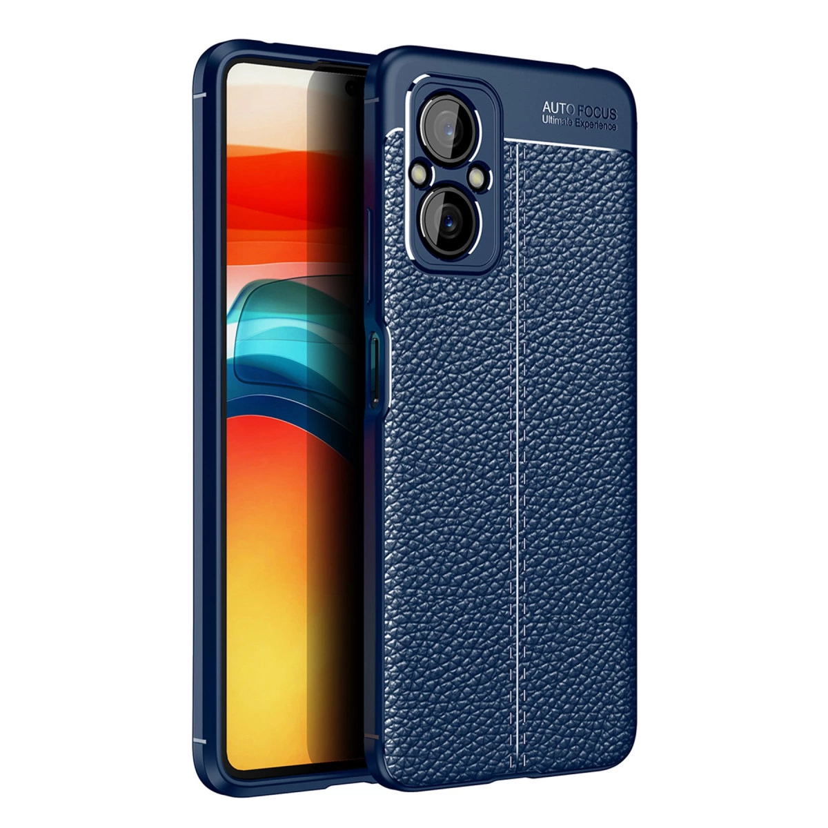Görünür kamera modülüne sahip lacivert deri dokulu telefon kılıfı.