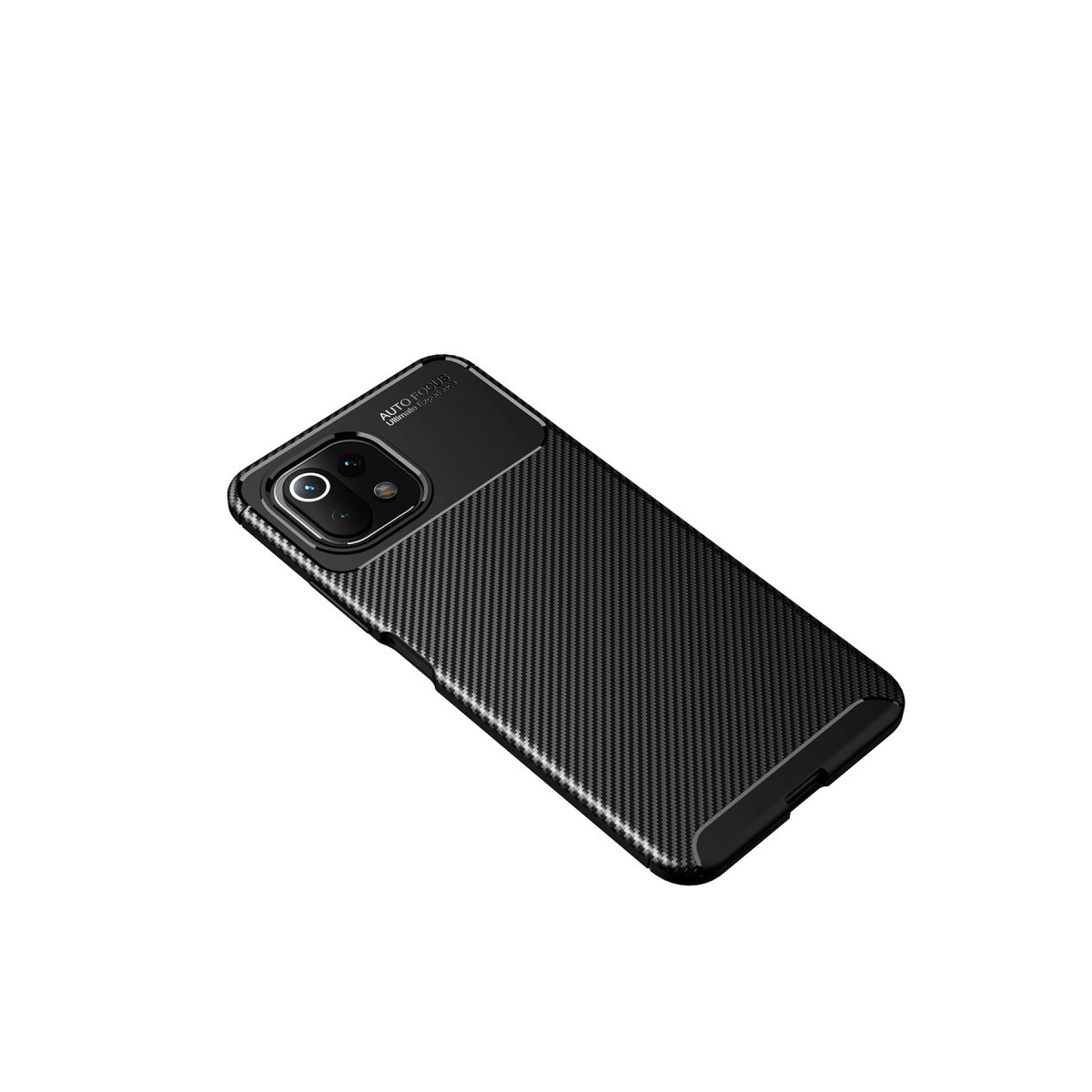 Karbon fiber kılıflı siyah akıllı telefon ve beyaz arka planda kameralar.