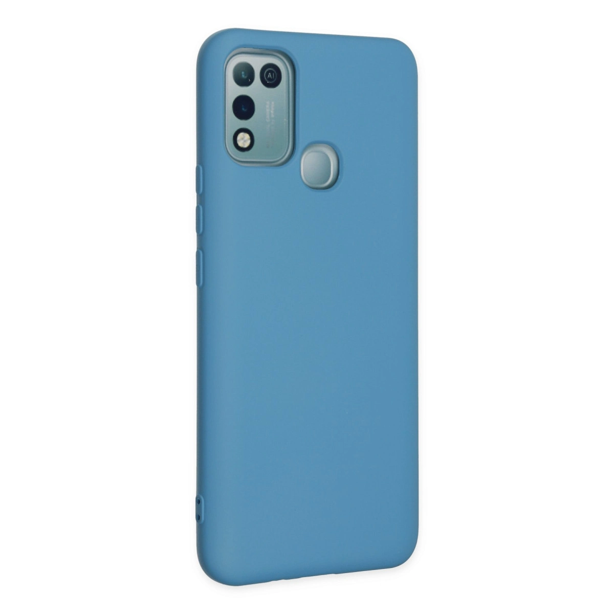 Kamera modülü ve parmak izi sensörlü mavi telefon kılıfı.