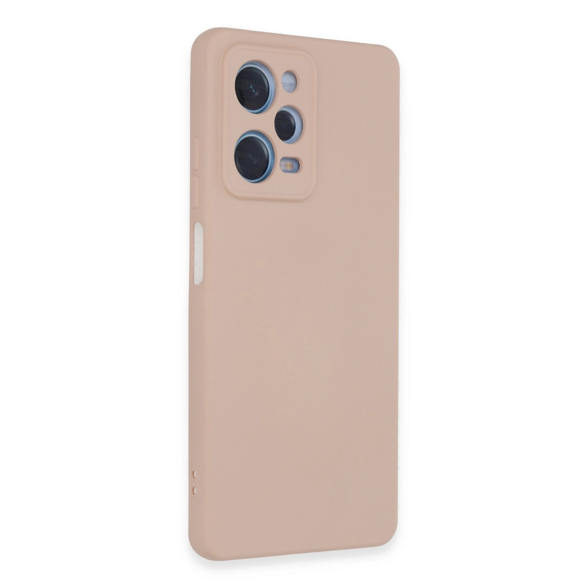 Üç lensli dikdörtgen kamera modülüne sahip pembe telefon kılıfı.