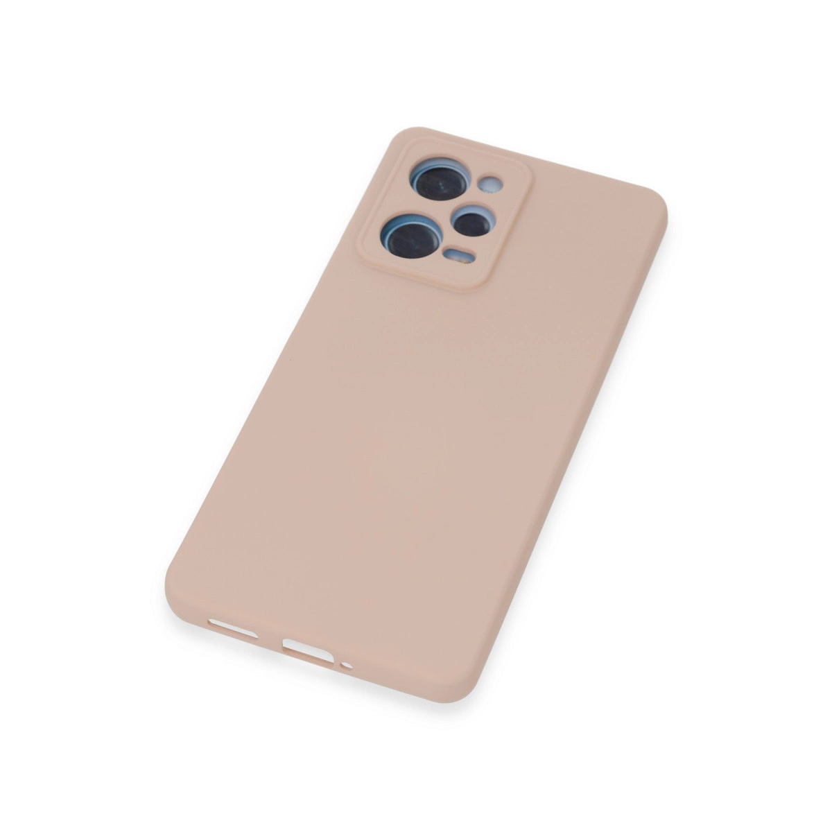Kamera kesimli bej telefon kılıfı beyaz zeminde duruyor.