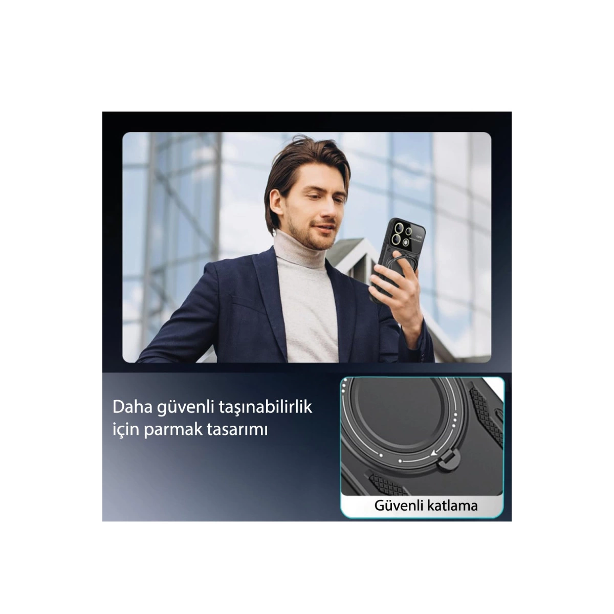 Adam modern bina önünde parmak yüzüklü telefon tutuyor.