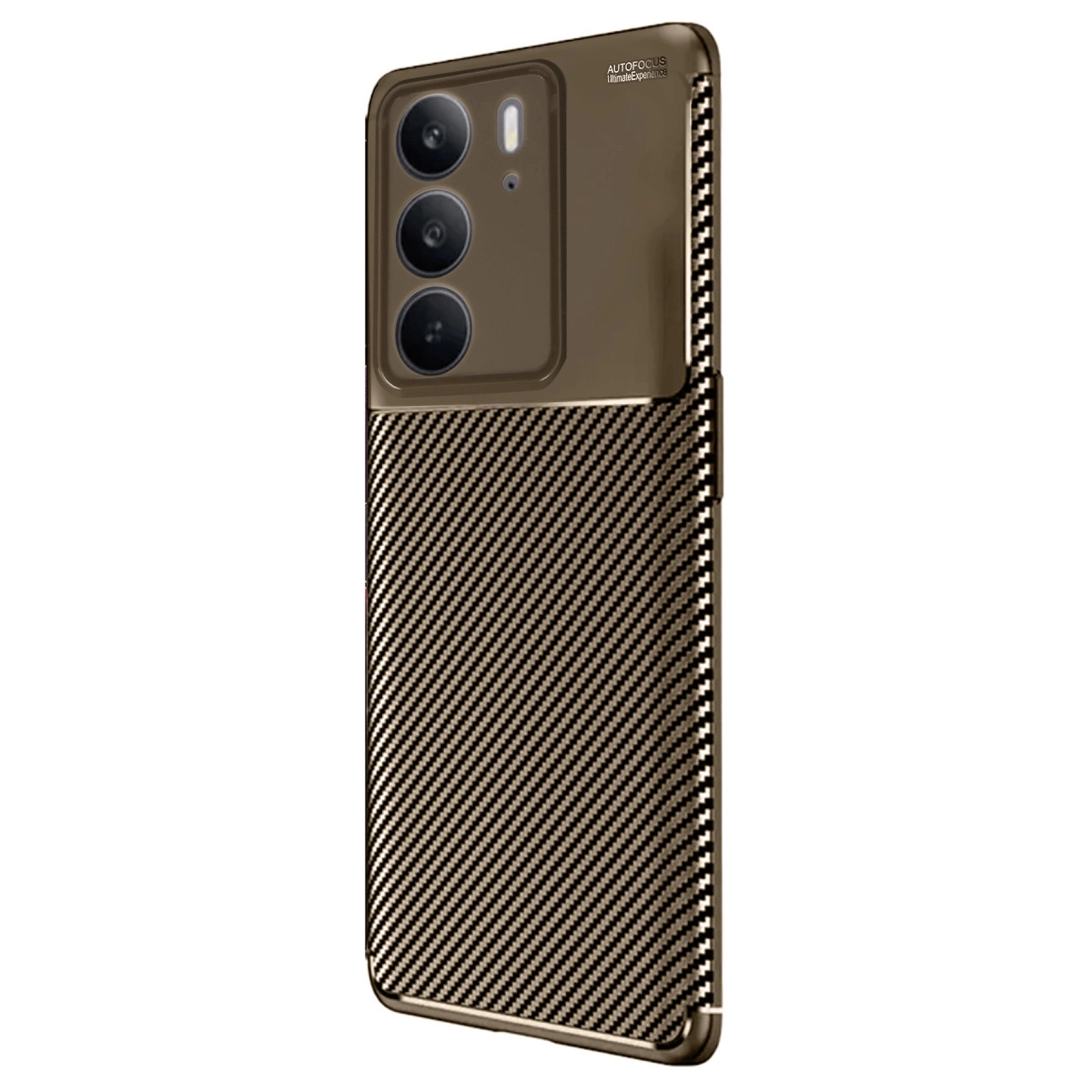 Üç kameralı, karbon fiber desenli, kahverengi bir akıllı telefon.