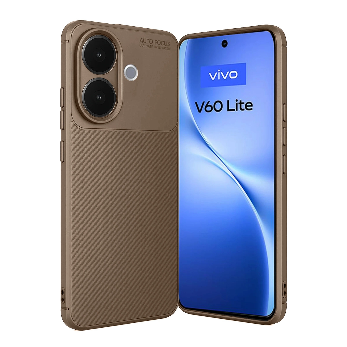 İki kameralı kahverengi telefon ve üzerinde "V60 Lite" yazan ekran.