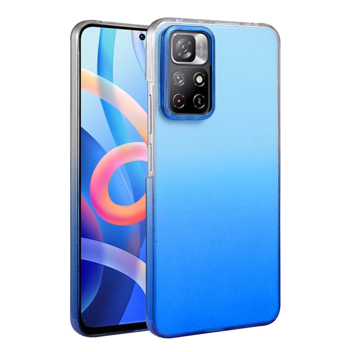 Dört lensli kamera modülüne sahip mavi bir telefon.