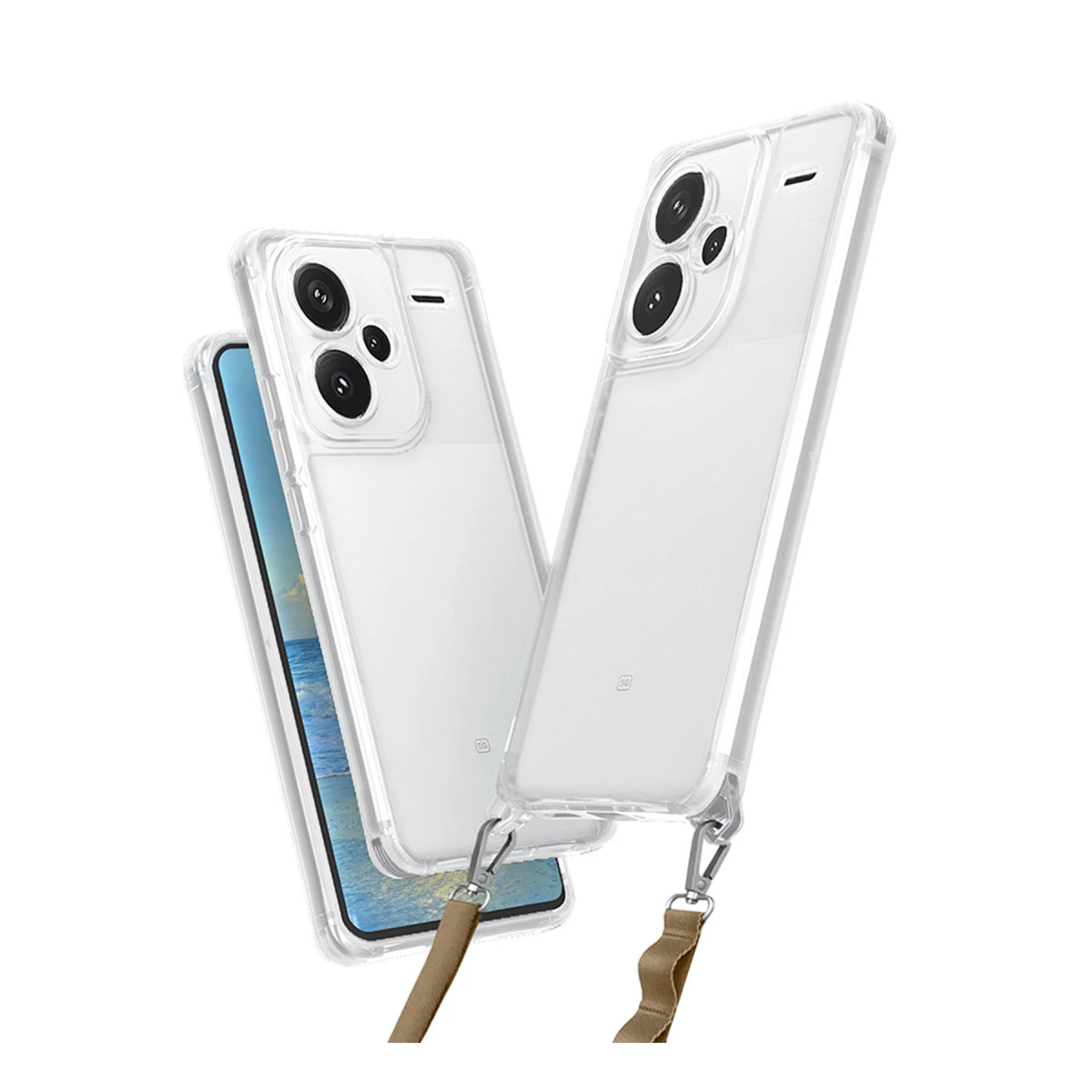 Kameralı ve kordonlu iki şeffaf telefon kılıfı.