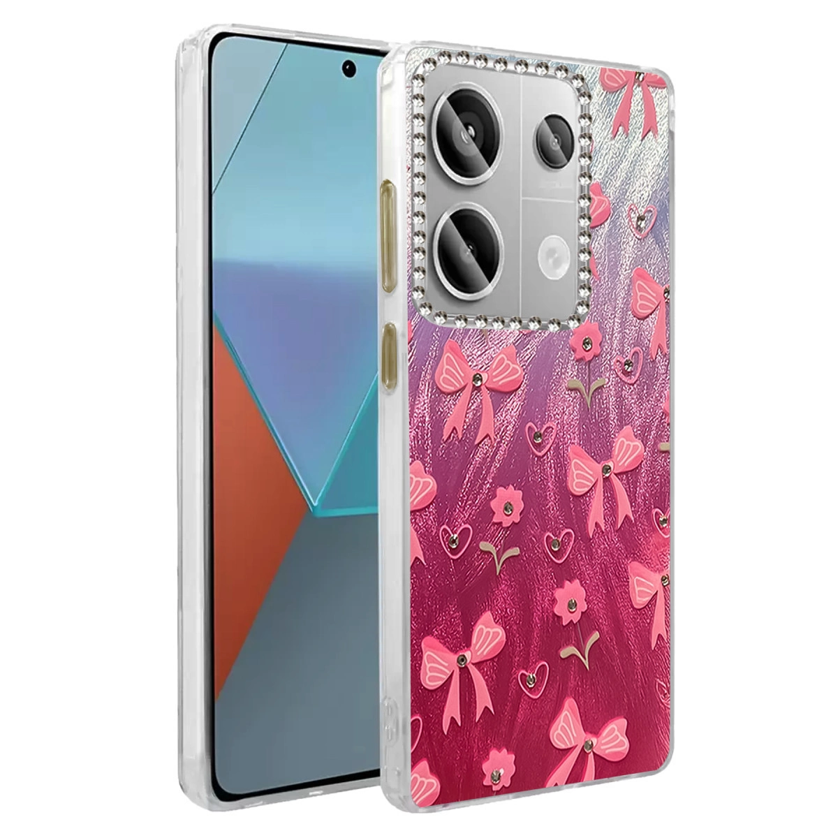 Fiyonk ve çiçek desenli pembe kılıflı bir akıllı telefon.